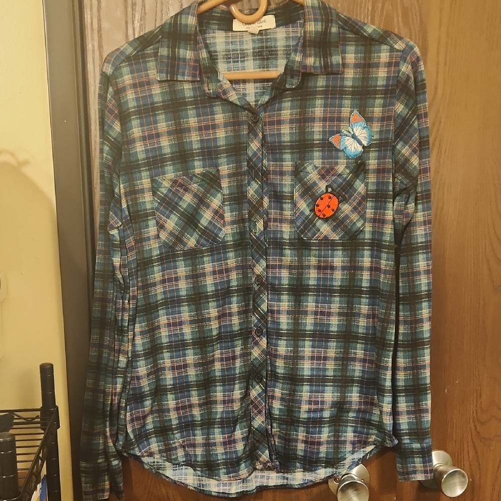 Women's Plaid Button Down Shirt with Butterfly and Ladybug Accents